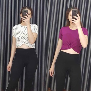 Áo thun croptop xoắn eo thun lụa thái