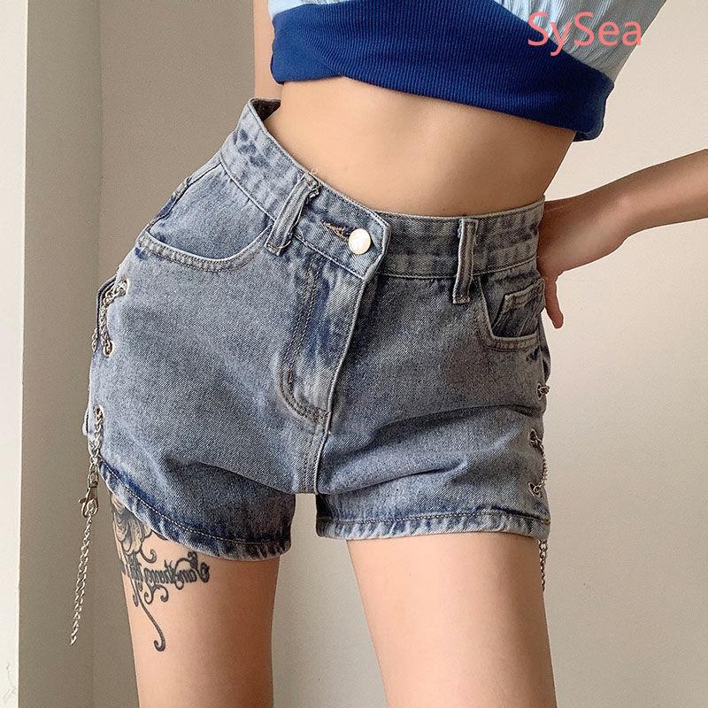 Quần short denim phối dây xích kim loại phong cách cá tính quyến rũ cho nữ
