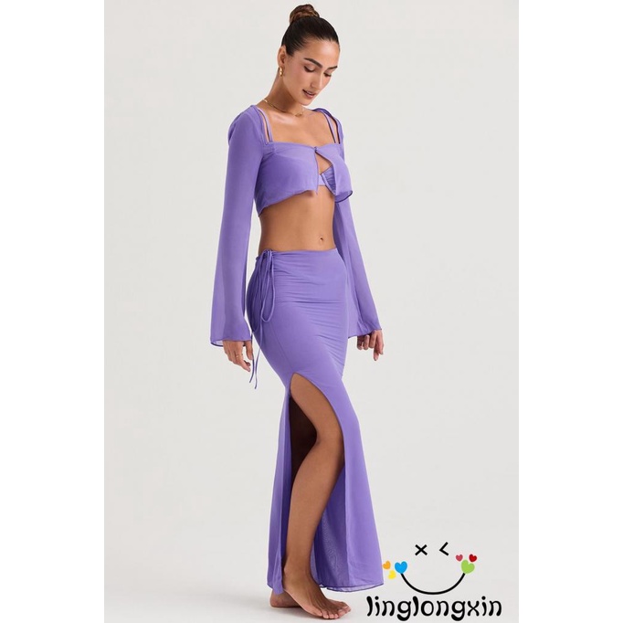 Bộ Áo Croptop Dài Tay Màu Trơn + Chân Váy Dài Lưng Cao Xẻ Tà Phối Dây Thời Trang Cho Nữ Linglongxi2