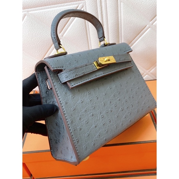 Túi H.m kelly da đà điểu size 22cm màu cam &amp; xám