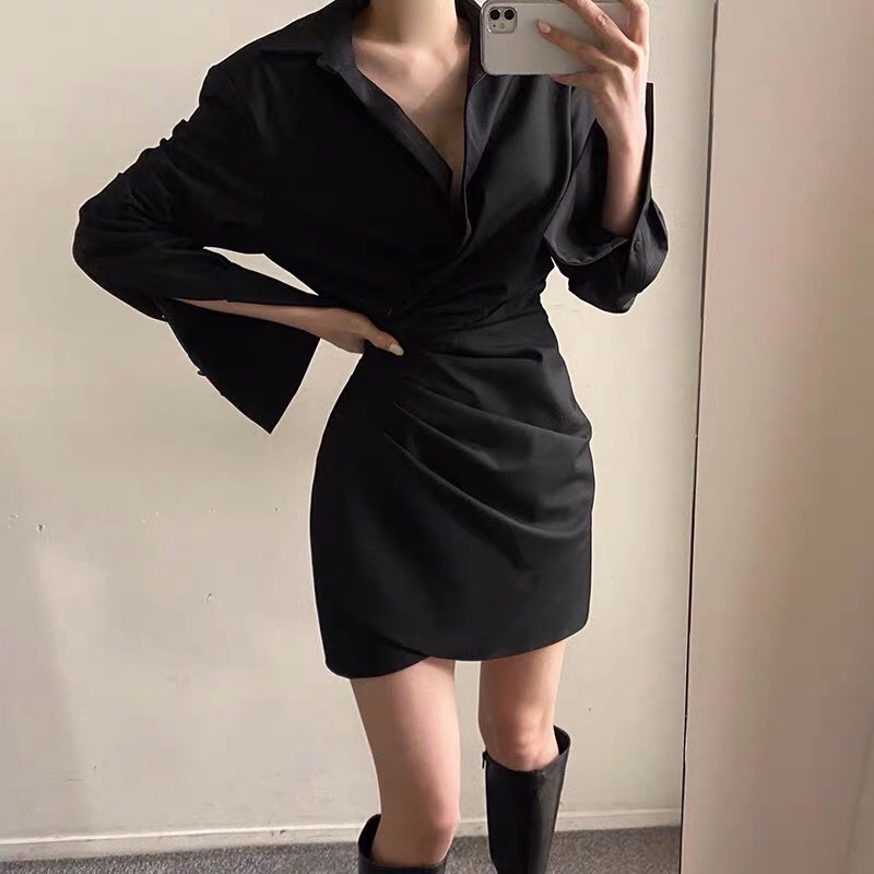 Váy sơ mi xếp ly eo dáng ngắn phong cách hàn quốc giành cho nữ