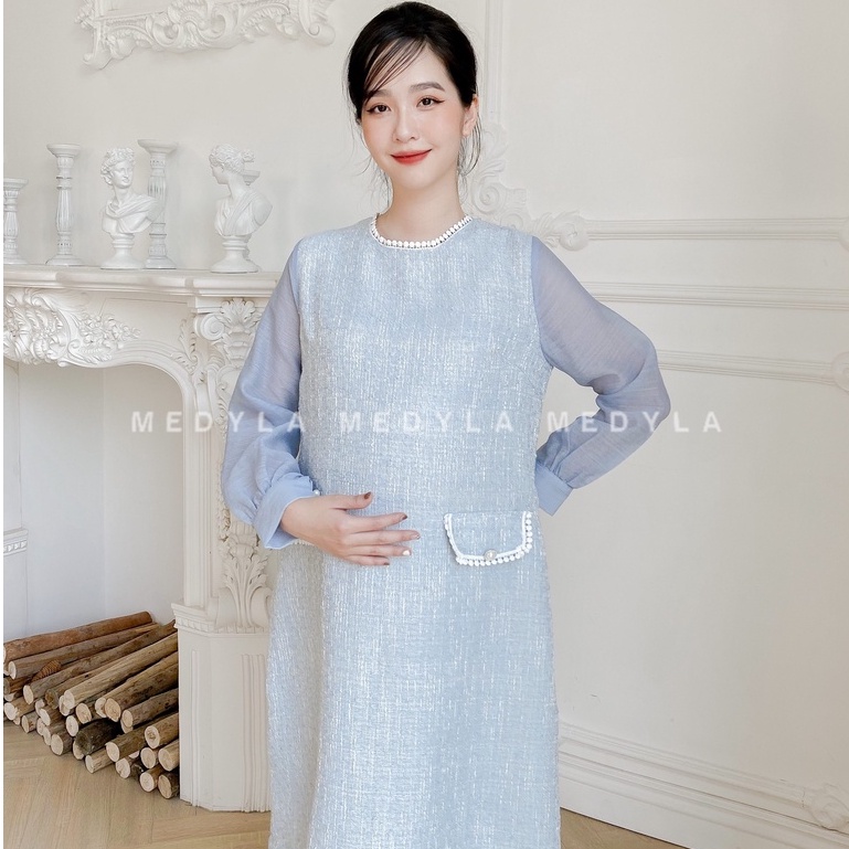 MEDYLA - Đầm bầu dự tiệc thu đông xinh 2 lớp dạ tex lót lụa - VS885
