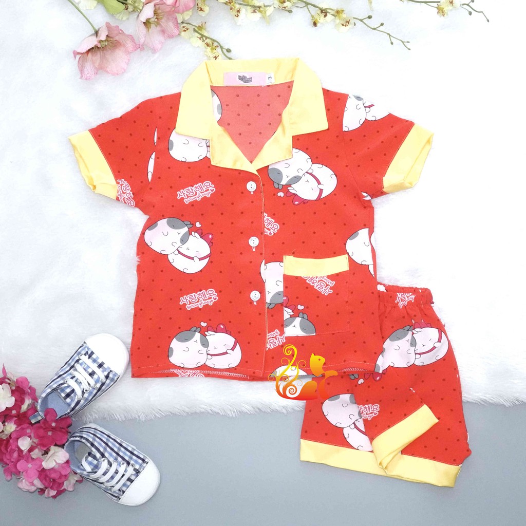 Đồ Pijama Satin Lụa Hàn &quot;Gấu đôi&quot; Phối Cổ Trơn Quần Đùi Cho Bé - Từ 12kg - 42kg.