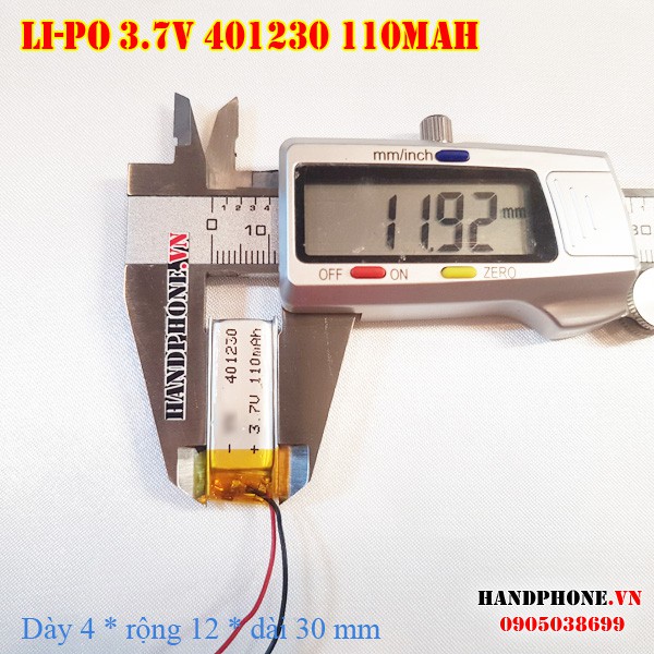 Pin Li-Po 3.7V 401230 110mAh (Lithium Polymer) cho tai nghe Bluetooth, máy ghi âm, máy nghe nhạc, thiết bị điện tử