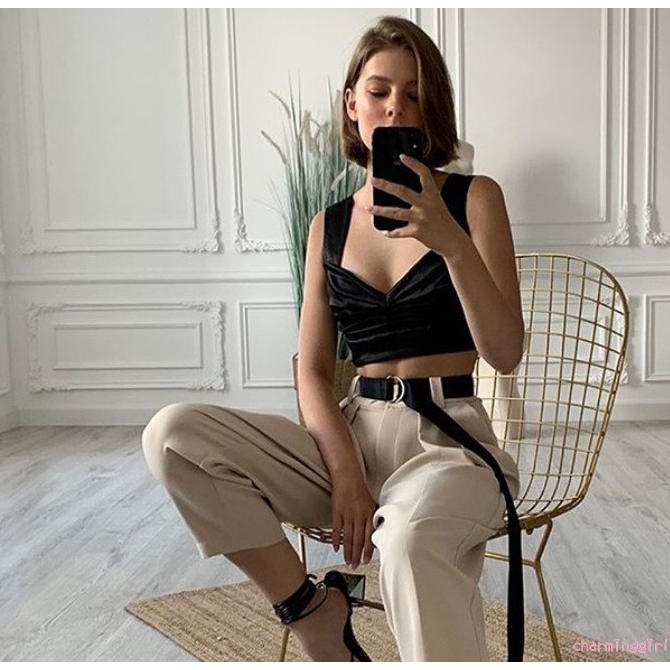 ♔BTY♔Summer solid color girl sexy pleated design suspenders top fashion