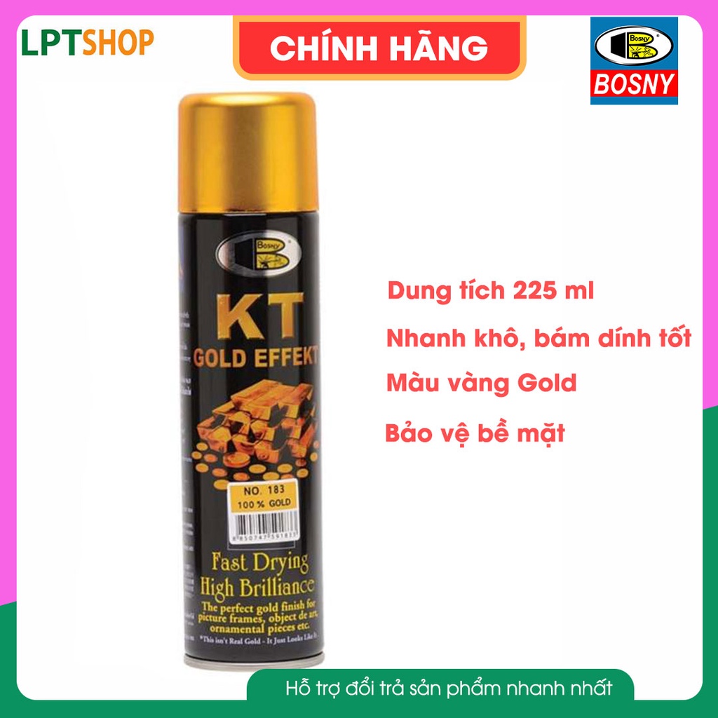 Sơn xịt mạ màu vàng GOLD KT183 Bosny (225ml/chai) - Nhập khẩu Thái Lan