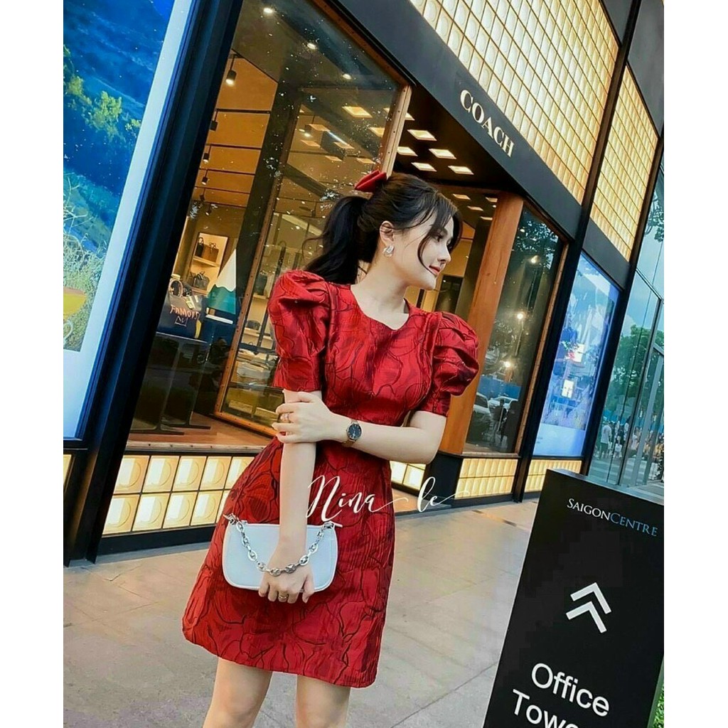 Đầm nữ Đầm dự tiệc gấm đỏ dự tiệc đi chơi mùa lễ noel | BigBuy360 - bigbuy360.vn