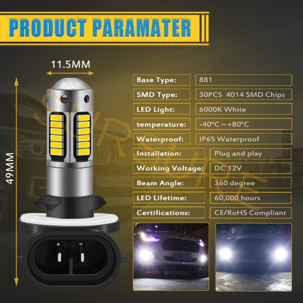 Set 2 Đèn Pha LED Sương Mù Ánh Sáng Trắng H27 881 880 DC12V 1200LM 6000K Dành Cho Ô Tô