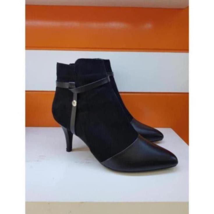 [Sale 3/3]Giày boot nữ cổ thấp 7cm da lộn hai màu đen xám hàng hiệu rosata ro180