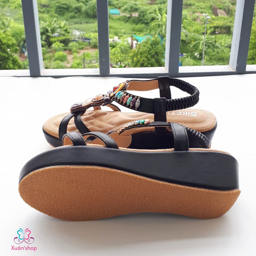 Sandal đế xuồng quai chéo da mềm, họa tiết thổ cẩm sang trọng, cao 5cm (có sẵn)