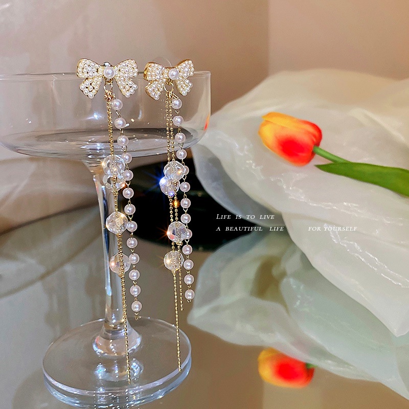 Bông Tai Mạ Bạc 925 Dáng Dài Phối Nơ Đính Ngọc Trai Sang Trọng