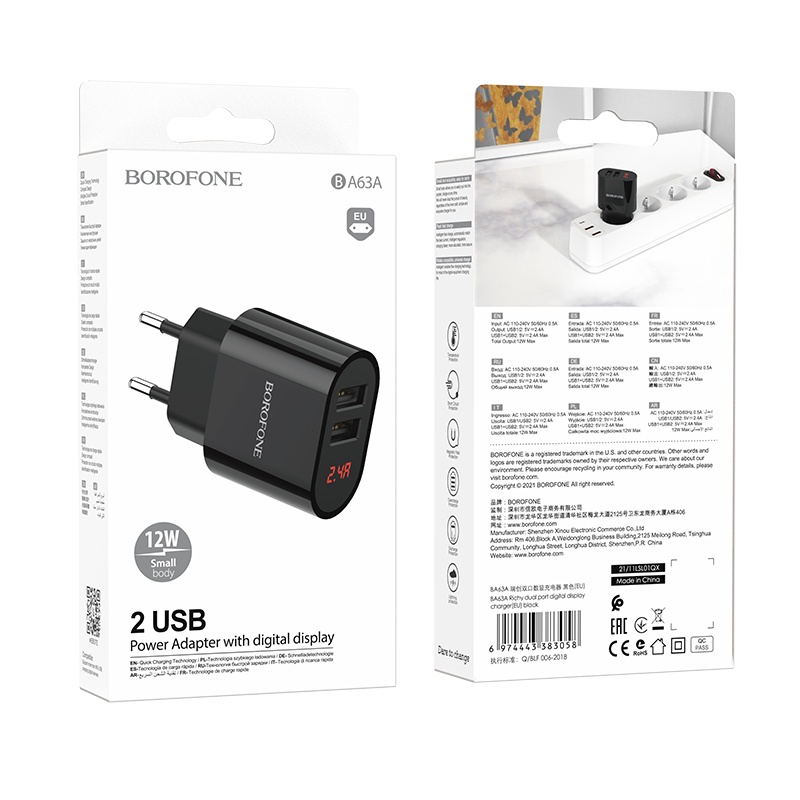 Cốc Sạc Nhanh Borofone BA63A 12W 2 Cổng USB Có LCD 2.4A