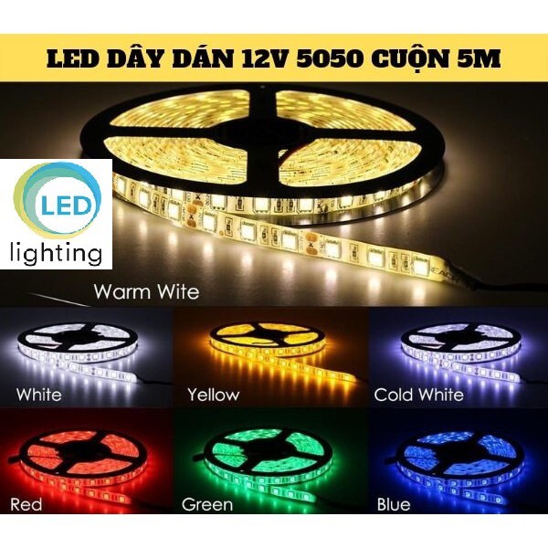 LED dây 12V, 5050, cuộn 5m, phủ silicon chống nước IP65, 1 mặt dán, hàng loại cao cấp loại 1