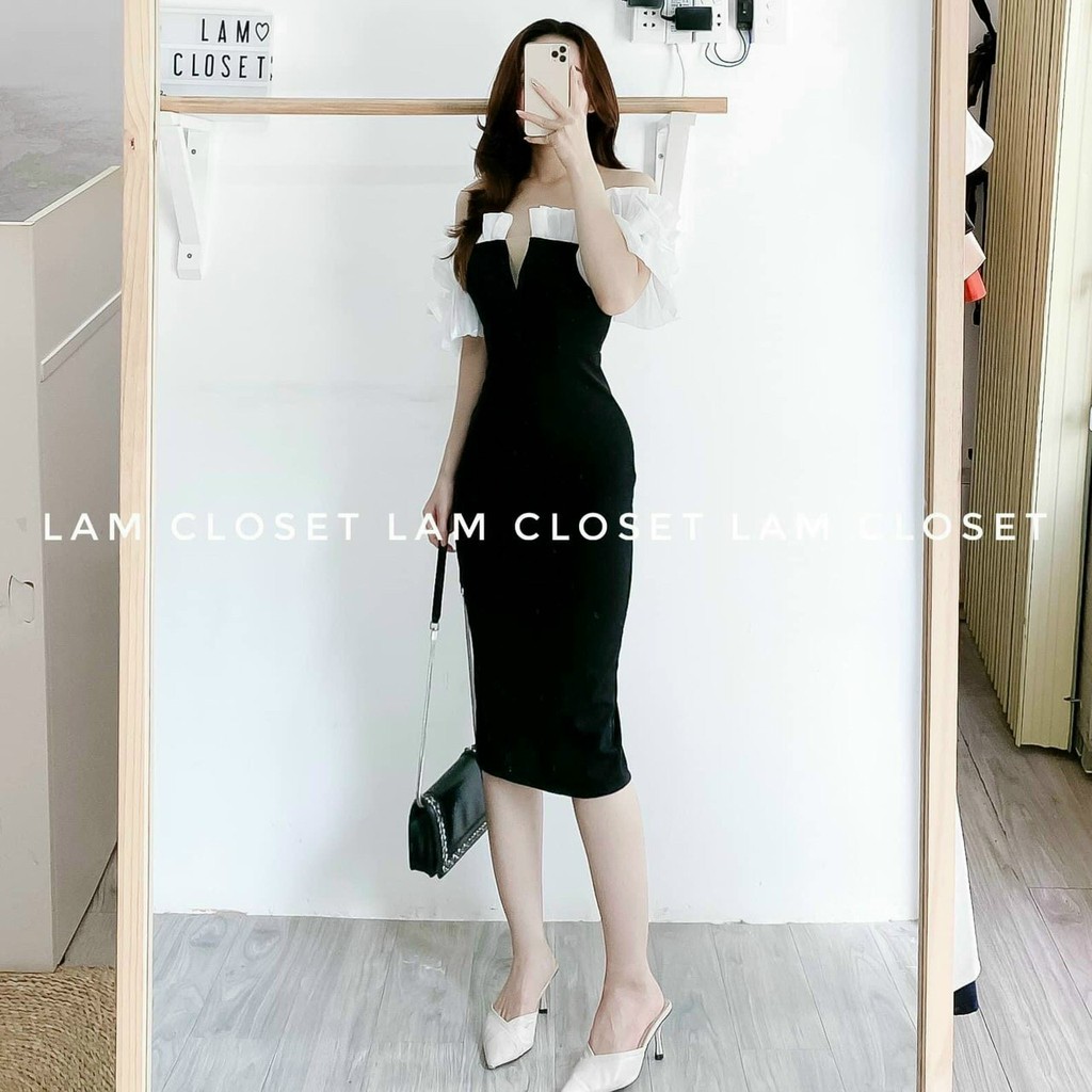 Váy đầm nữ body trễ vai cúp ngực phối tay voan (có mút) HT1 | BigBuy360 - bigbuy360.vn