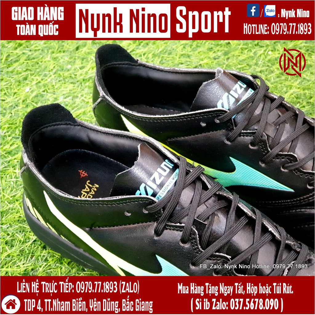 Giày Đá Bóng Mizuno Neo 3 Đen Vạch Xanh Phản Quang TF