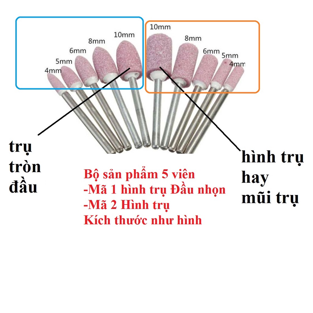 Mũi đá mài mini hình trụ , trụ nhọn chân trục 3mm bộ 5 đầu đá mài