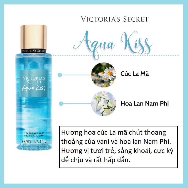 Body mist, Xịt thơm toàn thân Victoria Secret Aqua Kiss 250ml Hương Thơm nhẹ nhàng, Sang Trọng