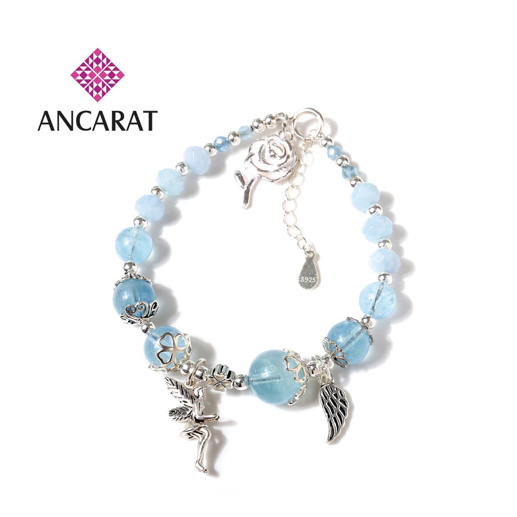 Vòng tay đá Aquamarine phối charm thiên thần phong thủy - Ancarat