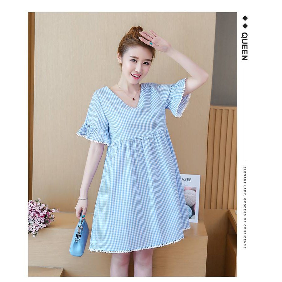 Váy Bầu Công Sở, Đầm Bầu Kẻ Caro Xanh Dây Chéo MYC1220