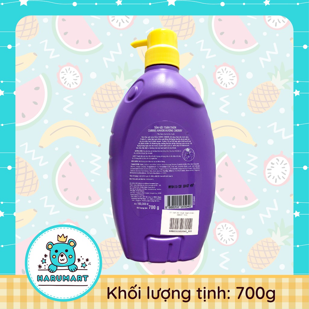 [MẪU MỚI] Sữa tắm gội toàn thân cho bé Carrie Junior hương Cherry/Grapeberry/Tinh chất sữa 700g