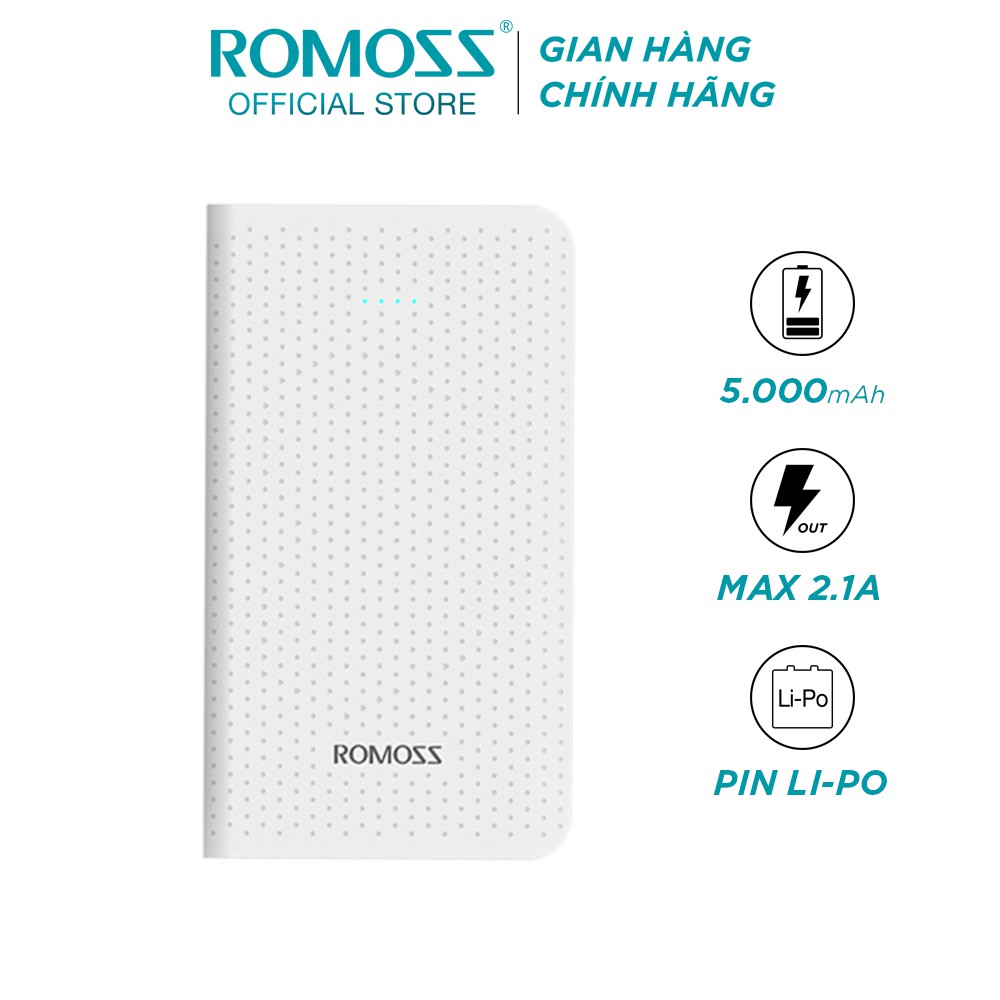 Pin sạc dự phòng Romoss Sense mini 5.000mAh (Trắng) - Hãng phân phối chính thức