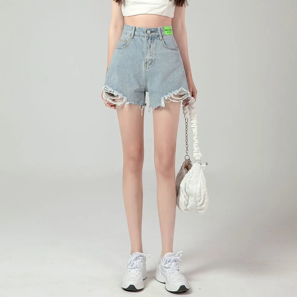 Quần Short Denim Đen Dáng Chữ A Ống Rộng Lưng Cao Phối Rách Thời Trang Mùa Hè 2022 Cho Nữ