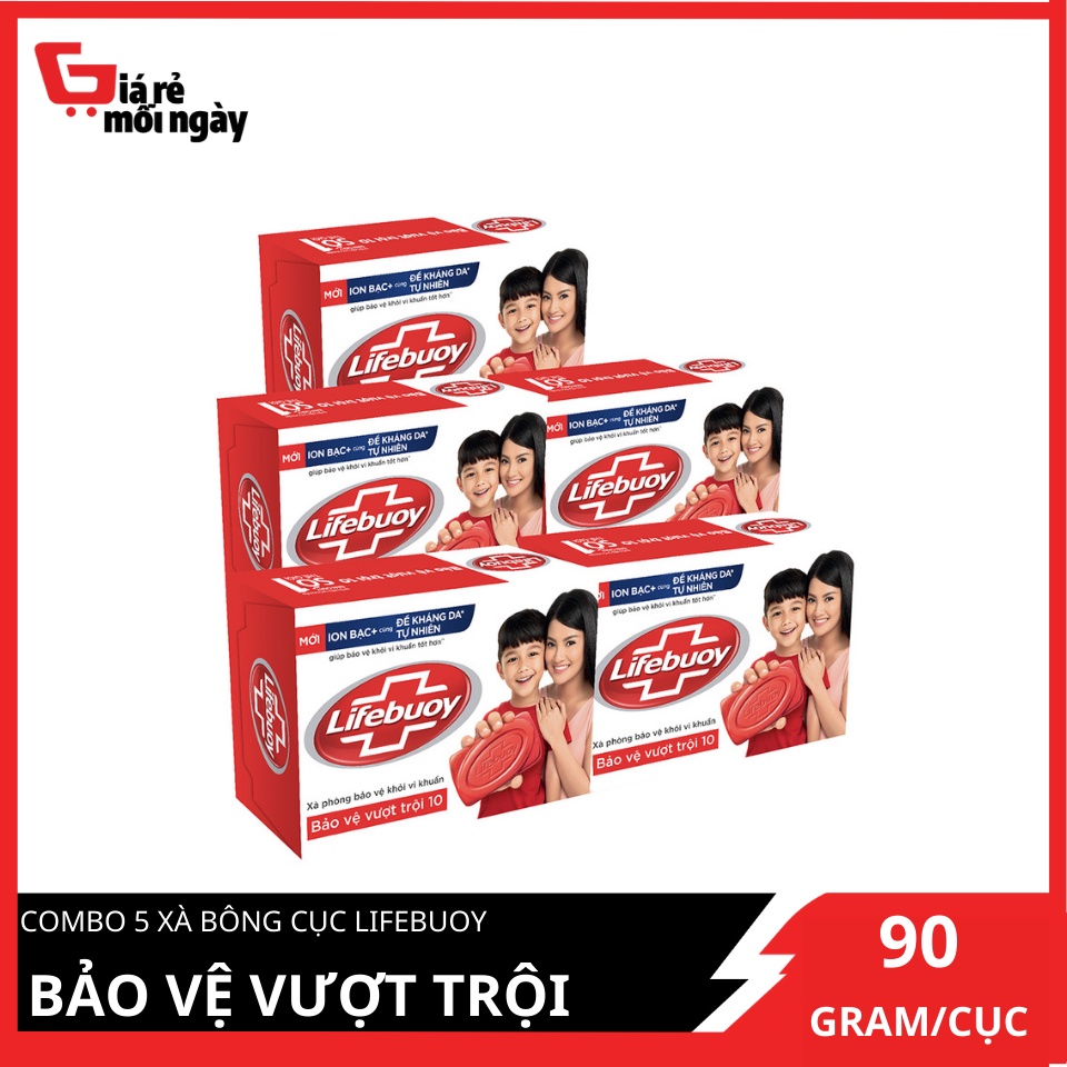 Combo 5 Xà Phòng Sạch Khuẩn Lifebuoy Bạo Vệ Vượt Trội 10 (90G X5)