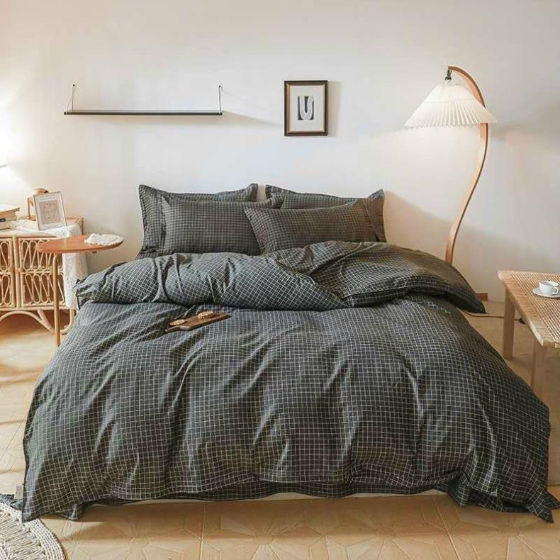 Bộ chăn ga gối Cotton poly M2M Home gồm vỏ chăn mền, drap ga giường và 2 vỏ gối nằm - caro đen nhỏ tí