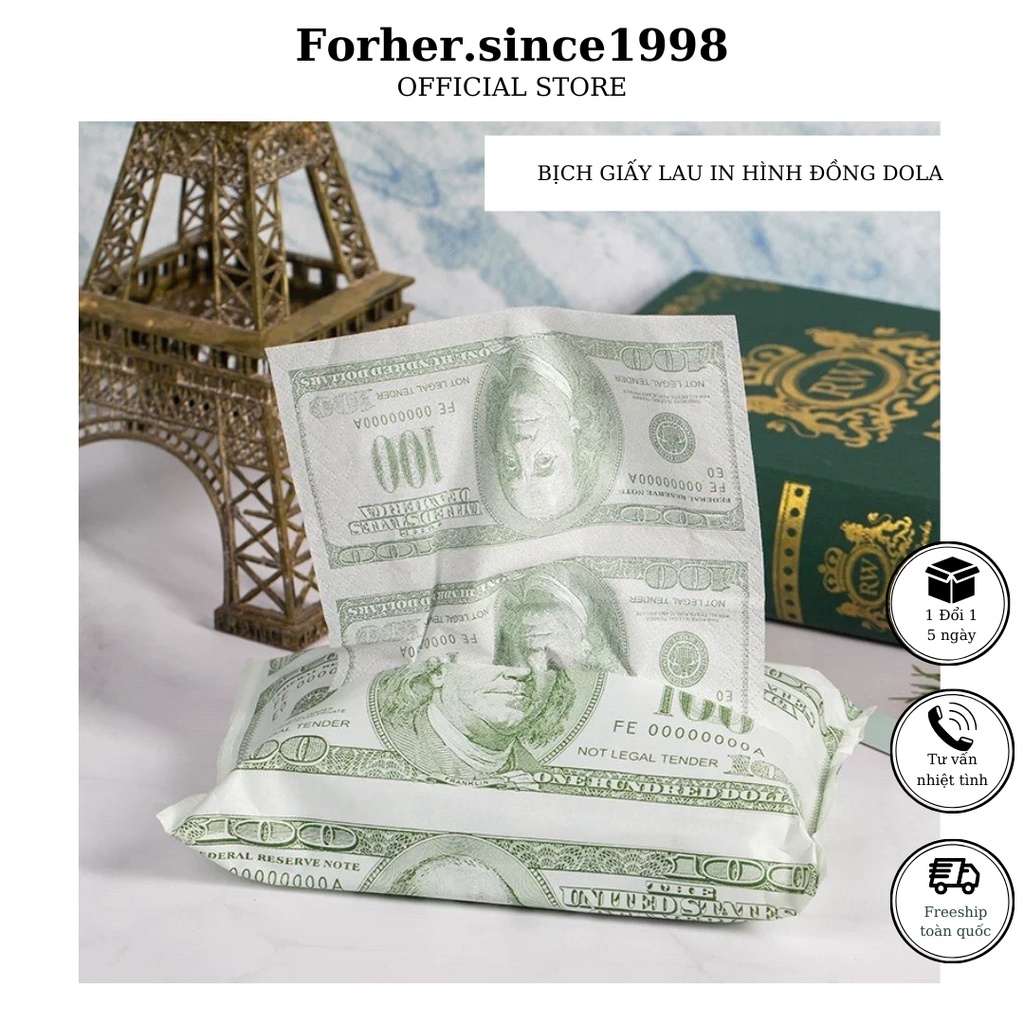6 bịch giấy lau in hình đồng dola, luxury Forher.since1998
