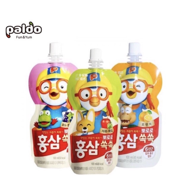 Nước hồng sâm hoa quả paldo pororo hàn quốc có 3 vị nho,cam,táo 1 gói 100ml date 2023