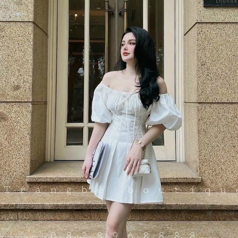 Đầm váy nữ mặc hai kiểu cổ vuông tay búp váy xòe xếp ly thiết kế hàn quốc siêu trẻ trung