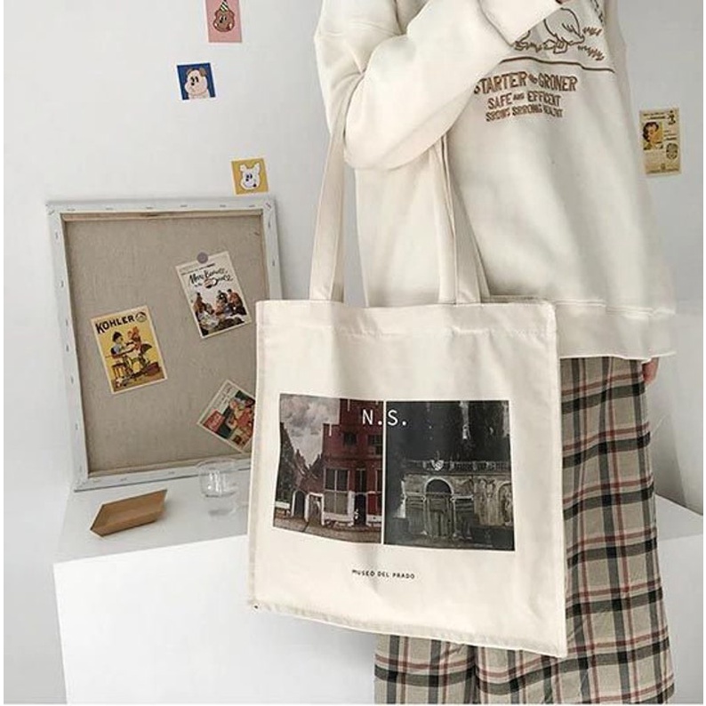 Túi tote vải Canvas bảo tàng Prado, túi trong có khóa kéo, phong cách thời trang Hàn Quốc
