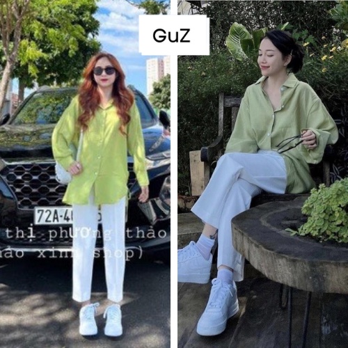 Set bộ nữ áo sơ mi thô xanh lá kèm quần trắng ống suông chất vải thô đũi mềm mặc thoải mái, mát mẻ GuZ