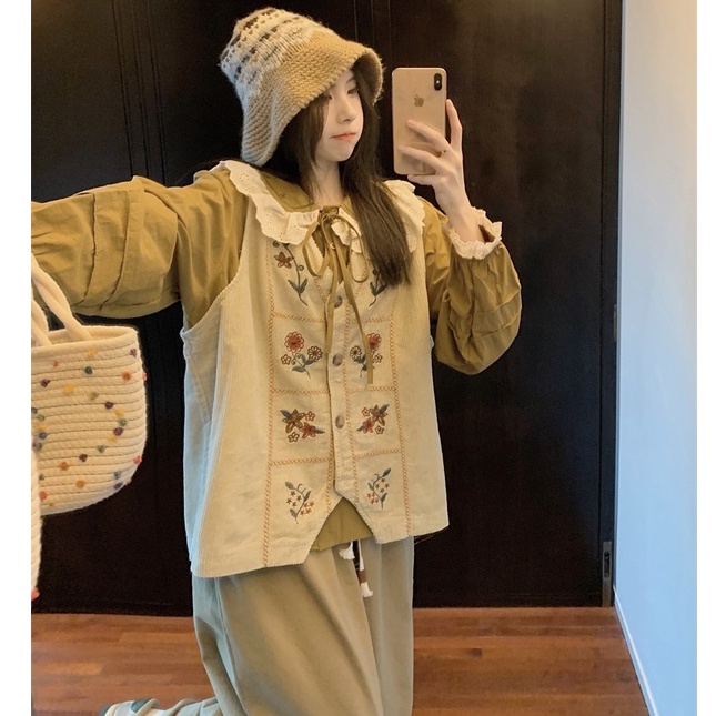 Áo khoác gile nhung nữ kiểu thêu hoa vintage, gile nữ phối sơ mi form rộng cổ ren nơ 7754