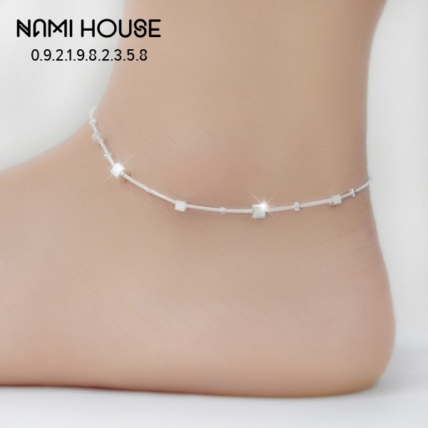 Lắc chân nữ hột vuông lập phương to nhỏ xen kẽ xi bạc 925 trắng sáng dễ thương - namimi