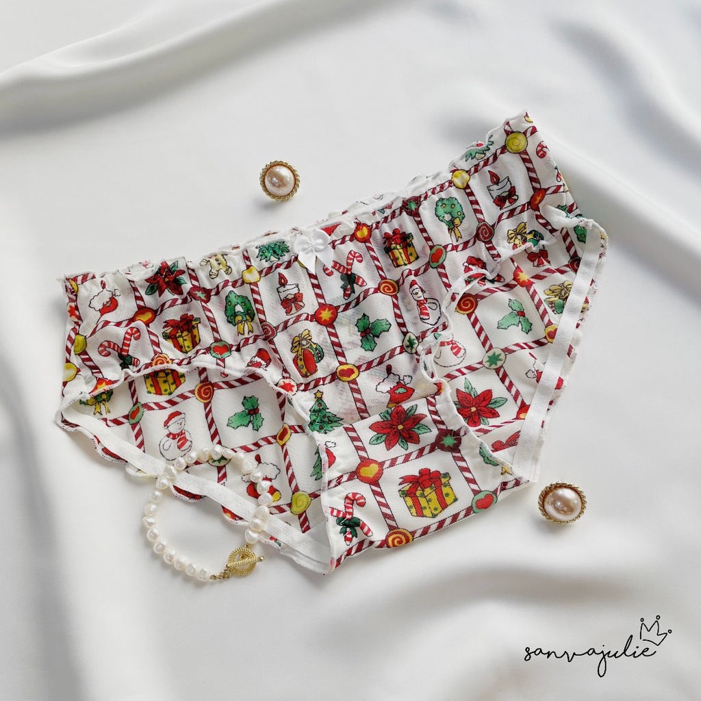 Quần lót nữ voan lưới hoạ tiết dâu - noel giáng sinh