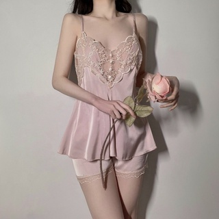 Bộ ngủ lụa pha ren cúc ngực