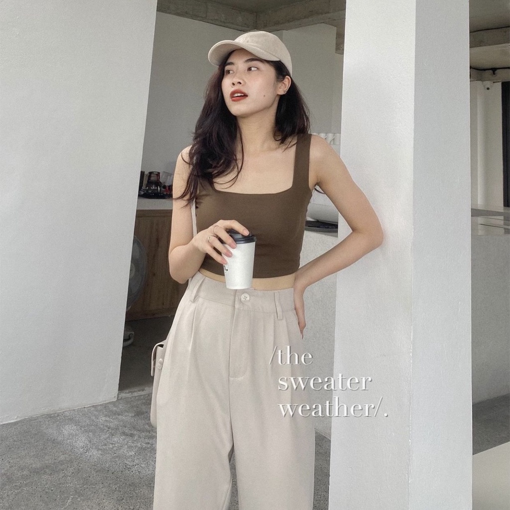 Áo hai dây bản to croptop có sẵn đệm mút, áo bra nâu be đen Rosie Dream Shop