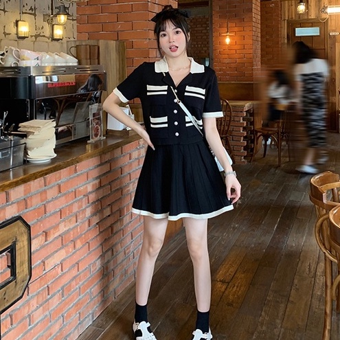 Set đồ 2 món ZHELIHANGFEI gồm áo sơ mi dệt kim cổ polo ngắn tay và chân váy eo cao phong cách gợi cảm