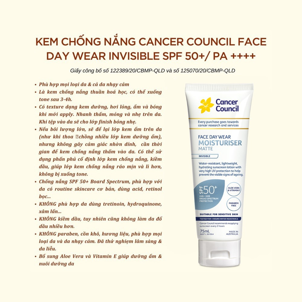 Kem Chống Nắng CANCER COUNCIL Face Day Moisturizer Invisible-Water chống nước SPF50+ UVA-UVB 75ml