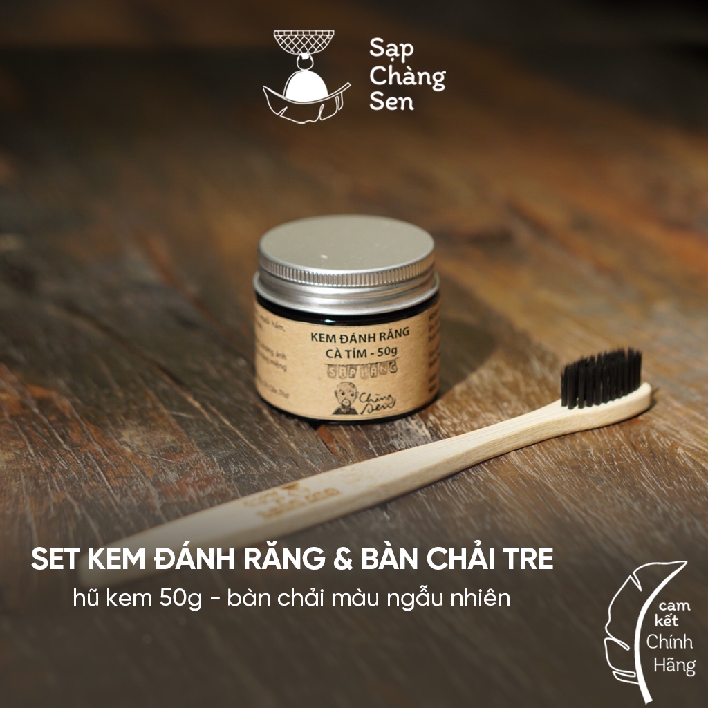 Kem đánh răng từ bột than cà tím - hũ 50g / Set kèm bàn chải