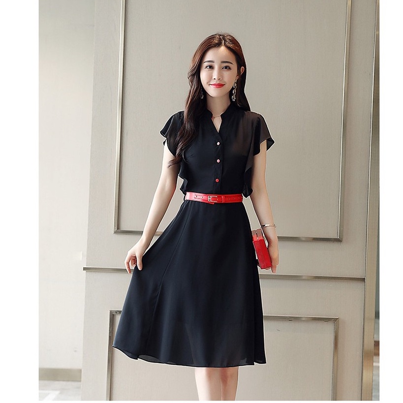 Đầm Voan Cổ Trụ Phối Nút Kèm Thắt Lưng WISSY BY6353
