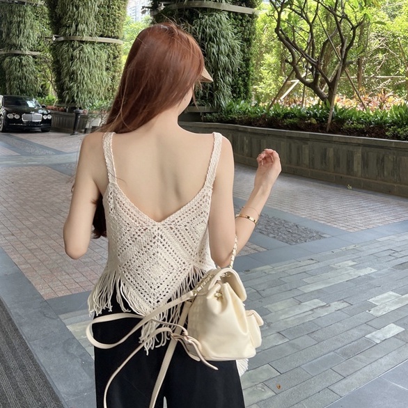 Áo dệt kim ZHELIHANGFEI 2 dây tua rua phong cách quyến rũ