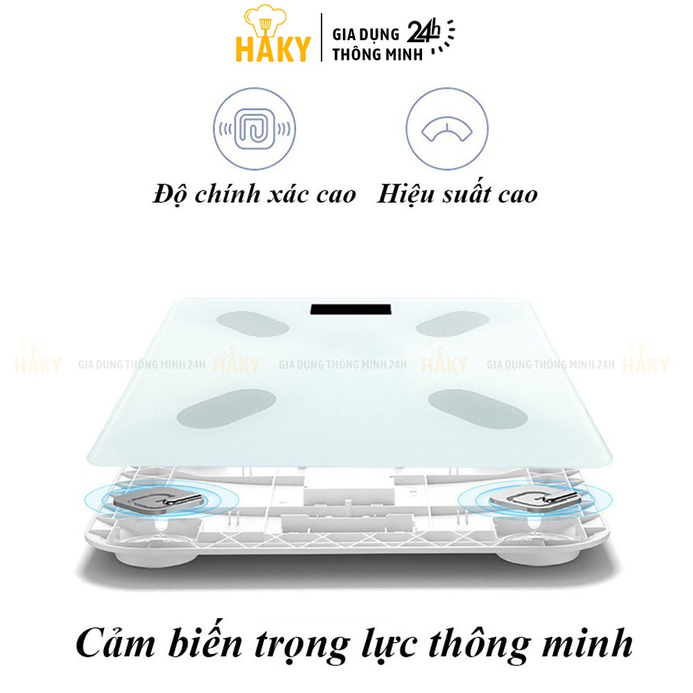 Cân điện tử đo chỉ số sức khỏe kết nối Bluetooth thông minh HAKY020, đo và phân tích lượng mỡ, cơ, nước qua app OKOK