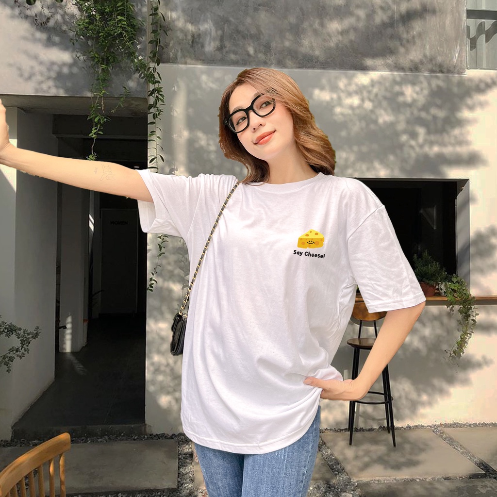 Áo thun Unisex SAY CHEESE vải cotton oversize tay lỡ form rộng