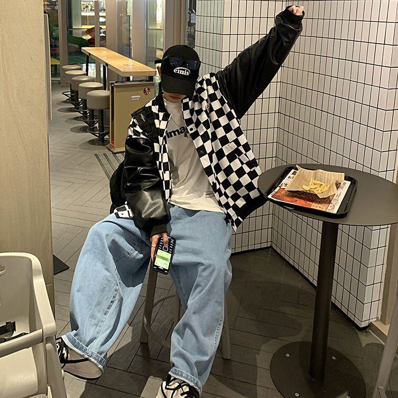 Áo khoác bomber làm từ da họa tiết ca rô thời trang cá tính trẻ trung cho nam và nữ