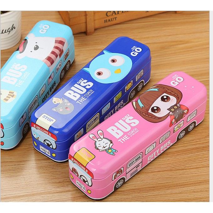 Hộp Đựng Bút Kim Loại Hình Xe Bus Có Dây Cót, Vừa Chơi Vừa Học