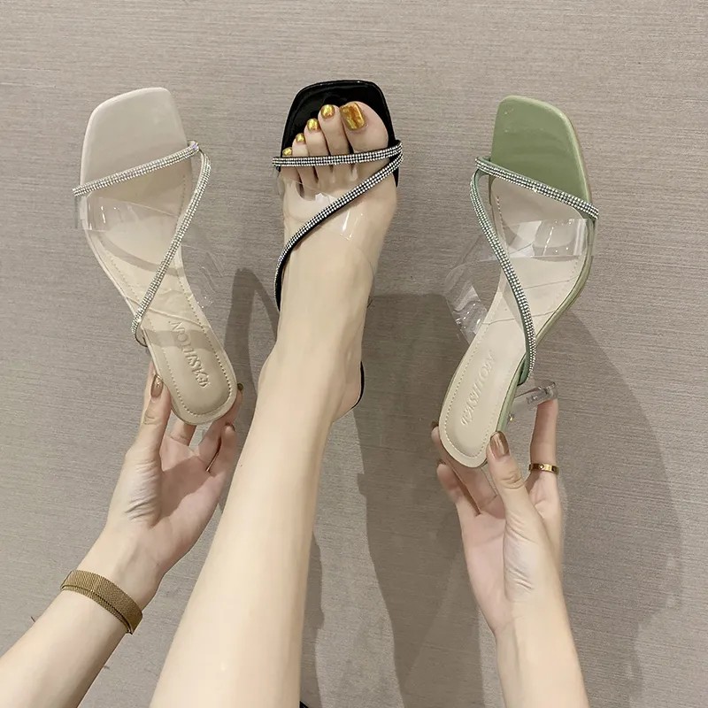 MURIOKI Giày cao gót nhọn trong suốt đính đá thời trang Hàn Quốc cho nữ