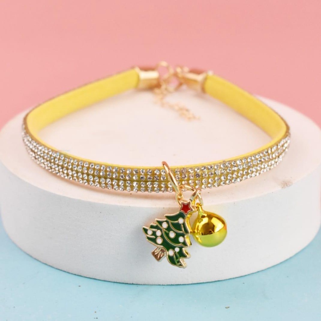 [Ảnh thật] Vòng cổ đính đá kèm chuông hoạt tiết cây thông nhiều màu sắc