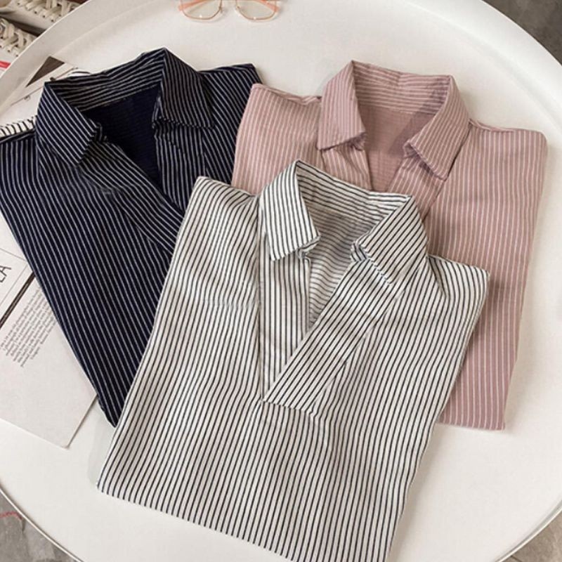 Áo Tay Dài Phối Sọc Cổ V Thời Trang Công Sở Cho Nữ